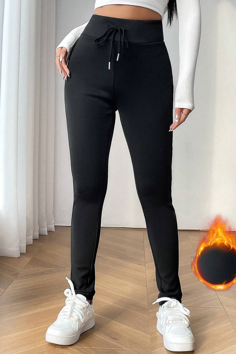 Black Solid Drawstring Waist Thermal Lined Leggings-Chaelisa's New Jammies