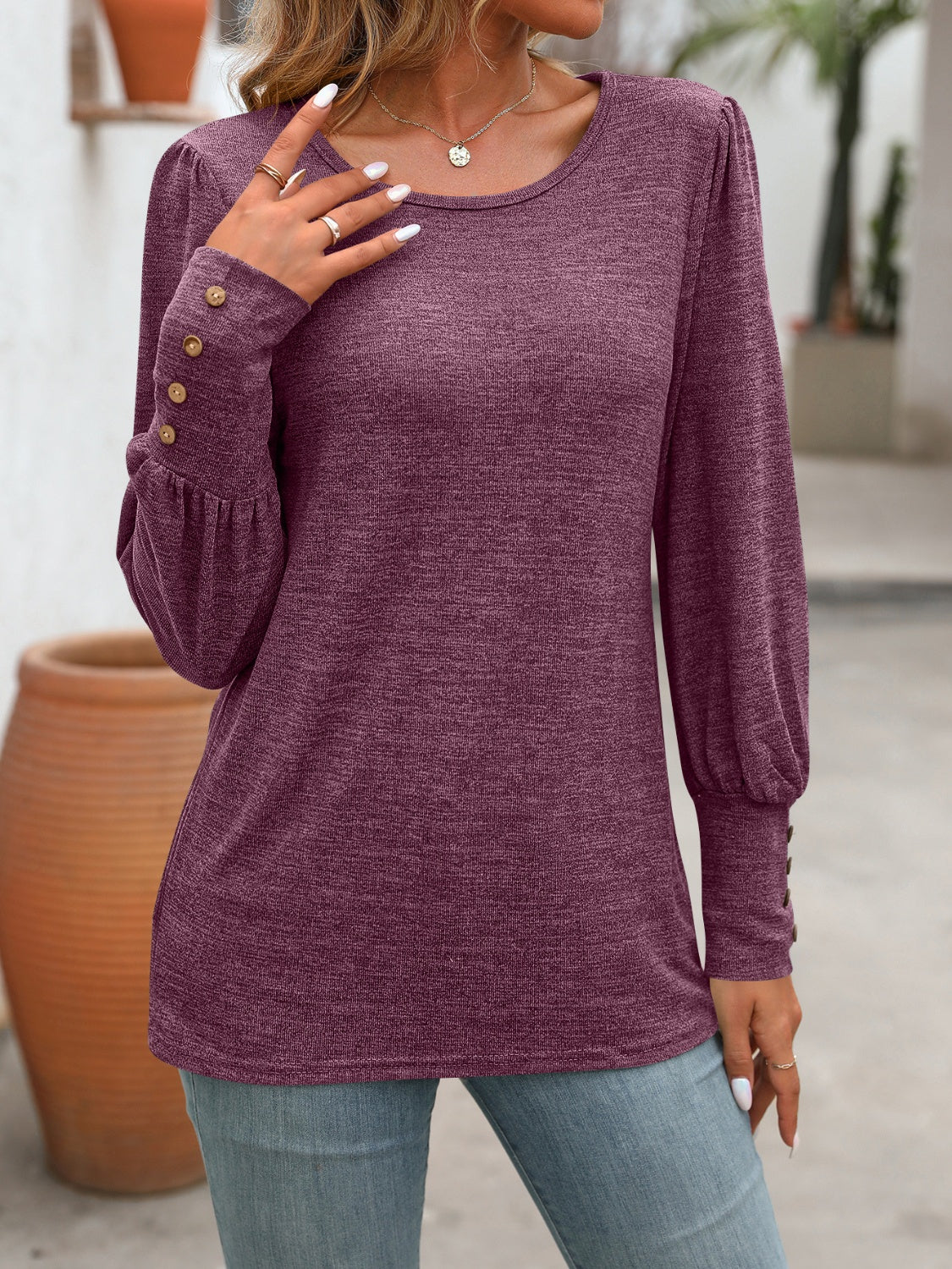 Decorative Button Round Neck Long Sleeve T-Shirt-Chaelisa's New Jammies