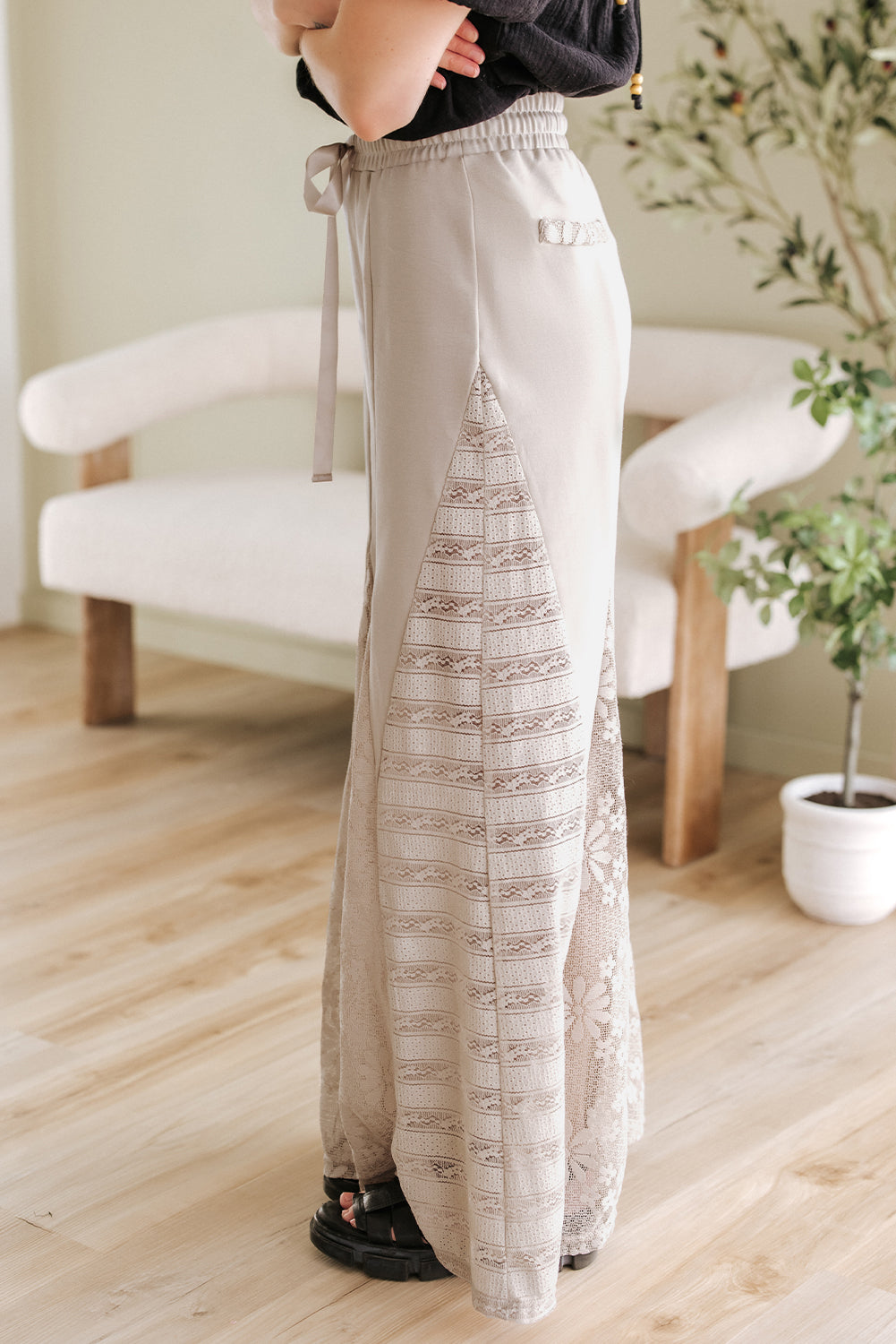 Smoke Gray Boho Lace Patchwork Wide Leg High Waist Pants-Chaelisa's New Jammies