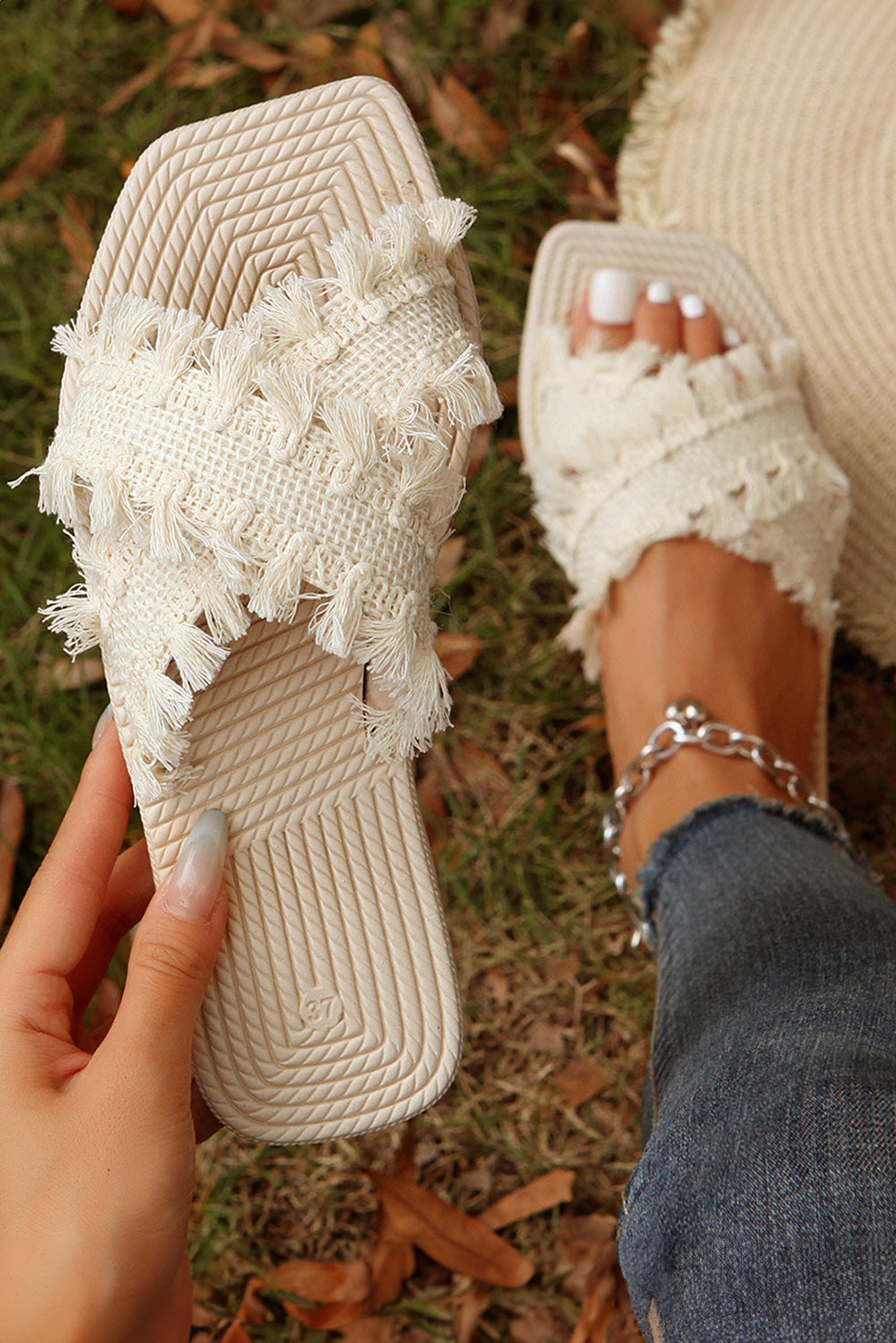 Beige Tassel Woven Crossed Straps Flat Slippers-Chaelisa's New Jammies