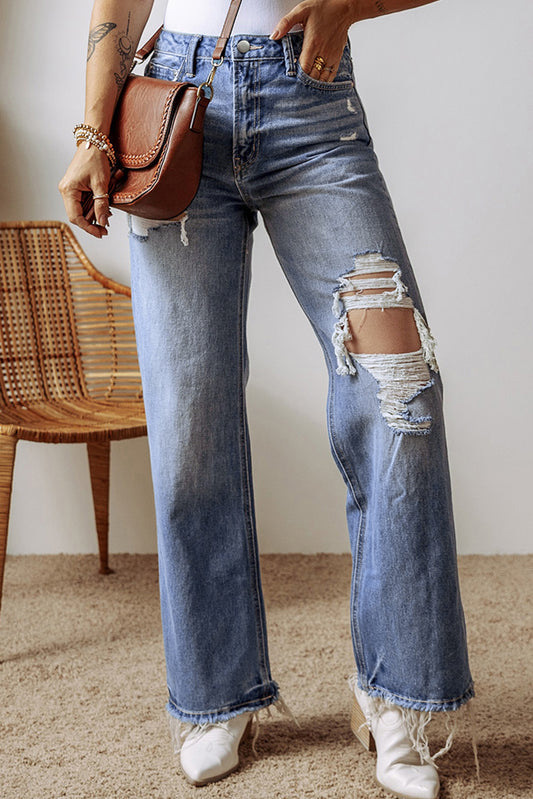 Ashleigh Blue Distressed Raw Hem Straight Leg High Waist Jeans-Chaelisa's New Jammies