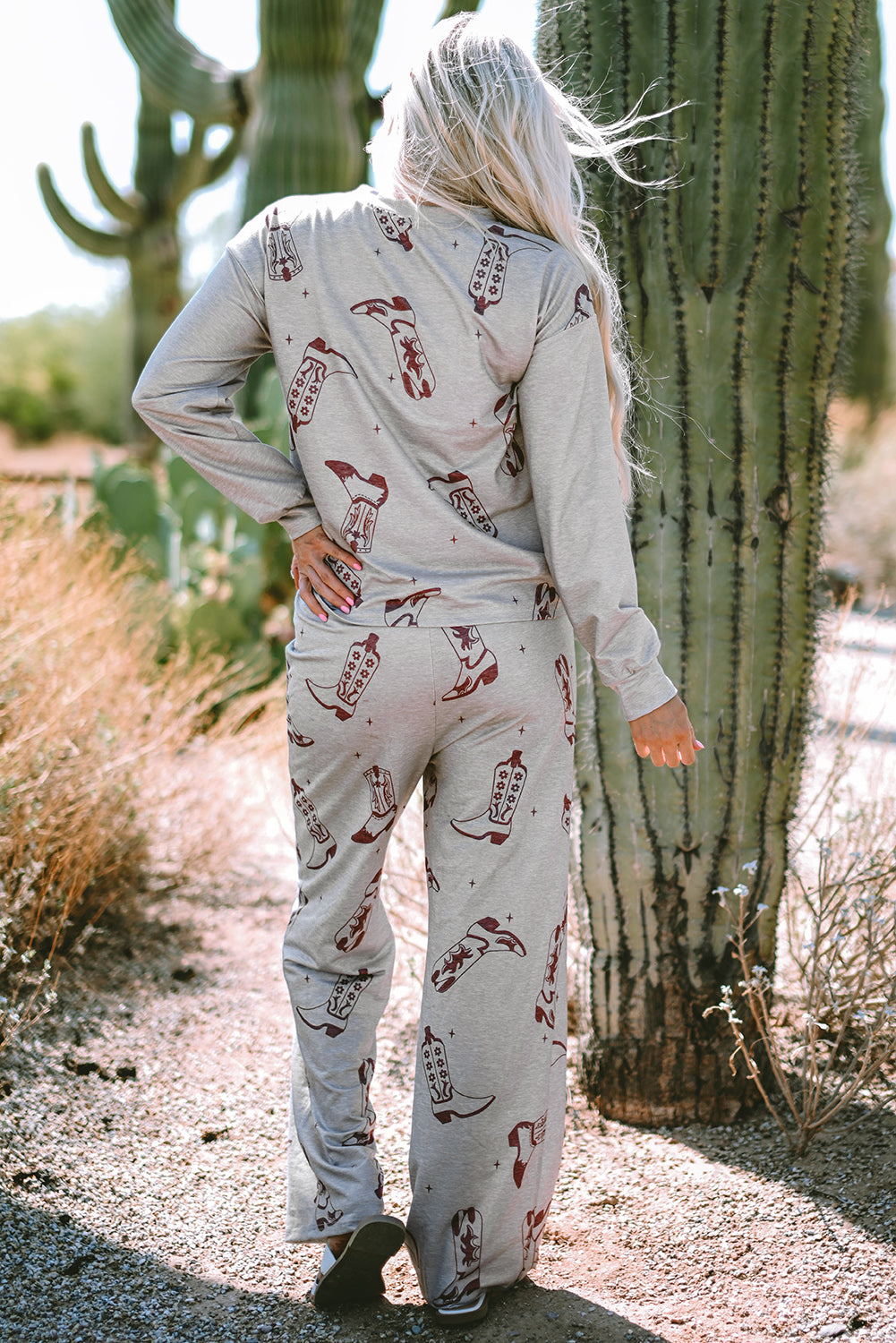 Gray Cowgirl Boots Printed Long Sleeve Top Pants Lounge Set-Chaelisa's New Jammies
