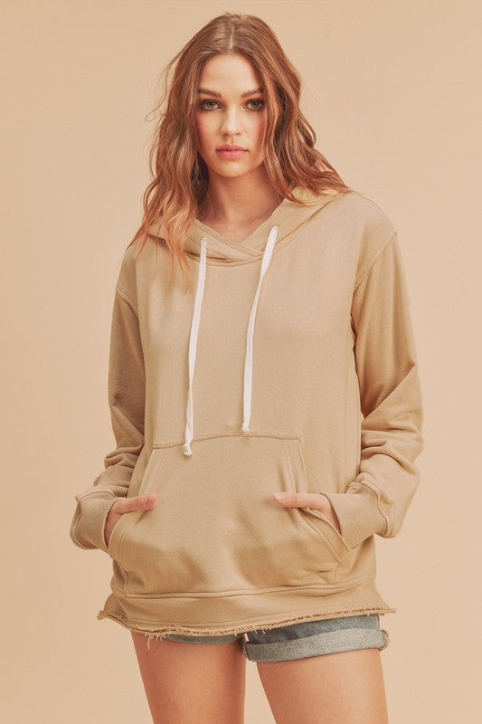Aemi + Co Raw Hem Kangaroo Pocketed Drawstring Hoodie-Chaelisa's New Jammies