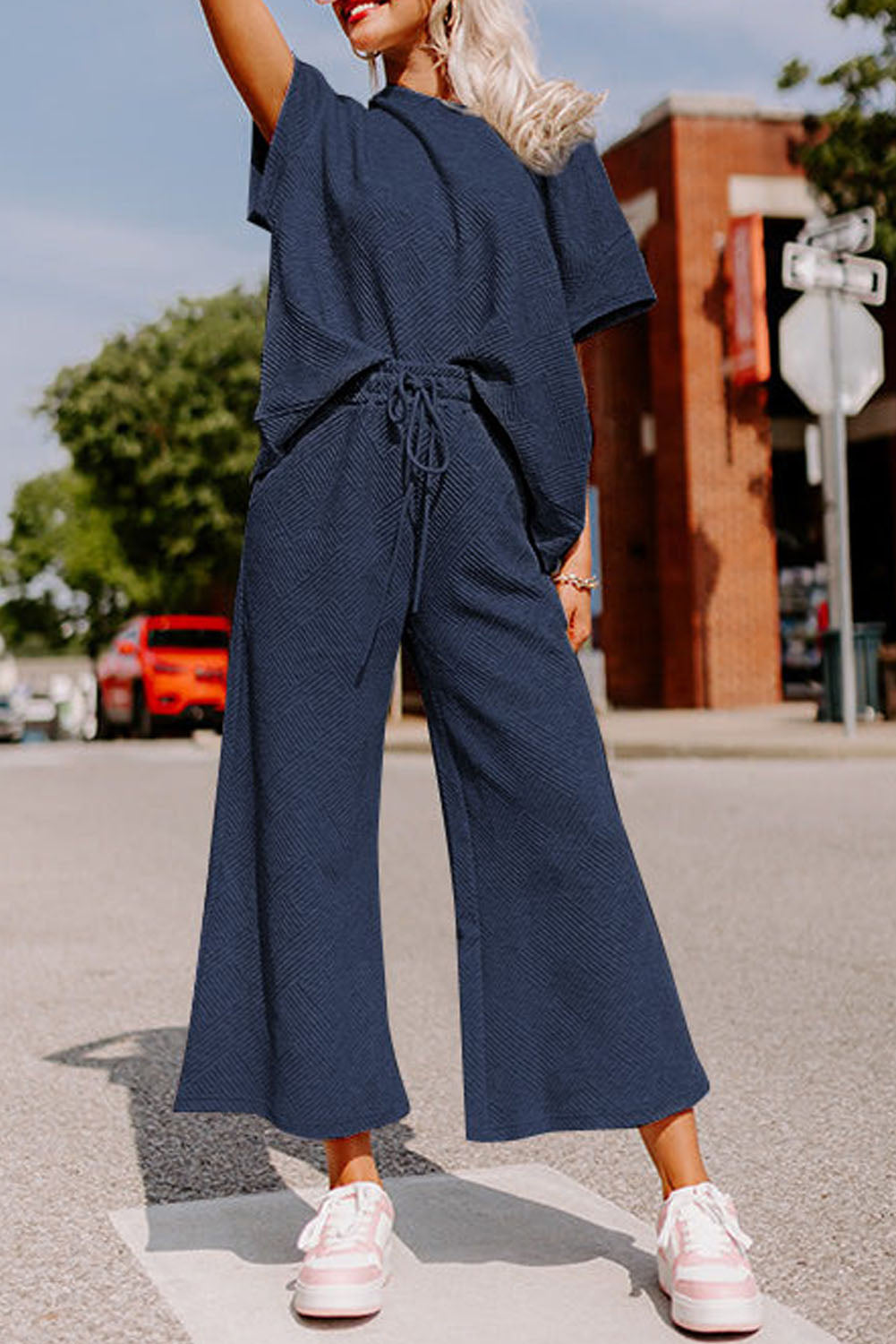 Navy Blue Textured Loose Fit T Shirt and Drawstring Pants Set-Chaelisa's New Jammies