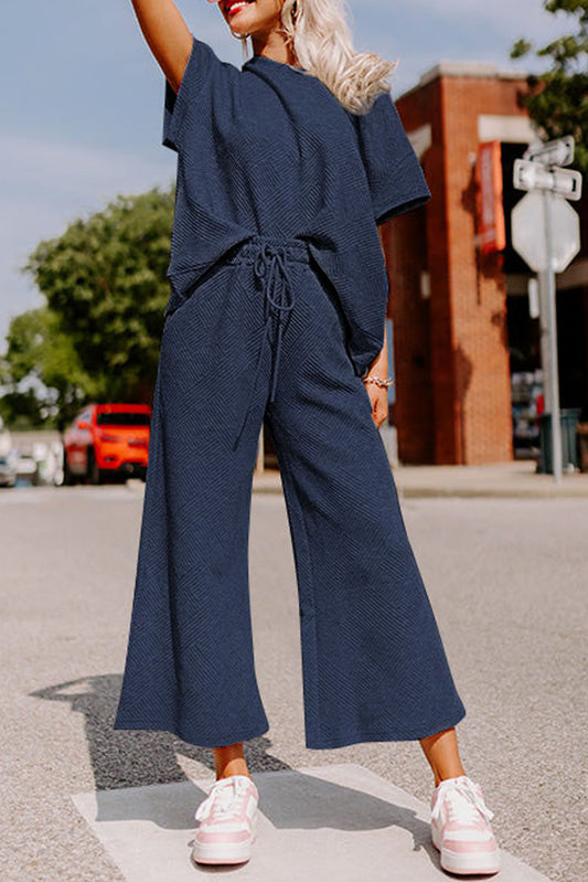 Navy Blue Textured Loose Fit T Shirt and Drawstring Pants Set-Chaelisa's New Jammies