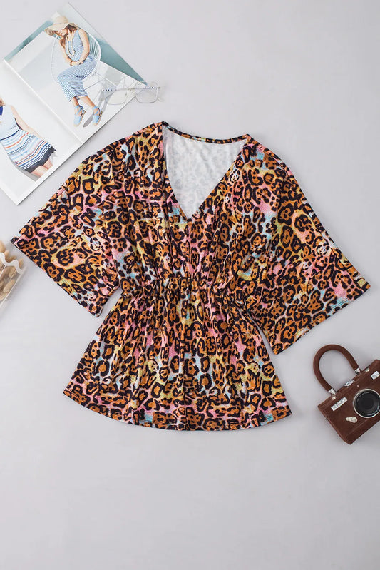 Leopard V-Neck Half Sleeve Blouse-Chaelisa's New Jammies