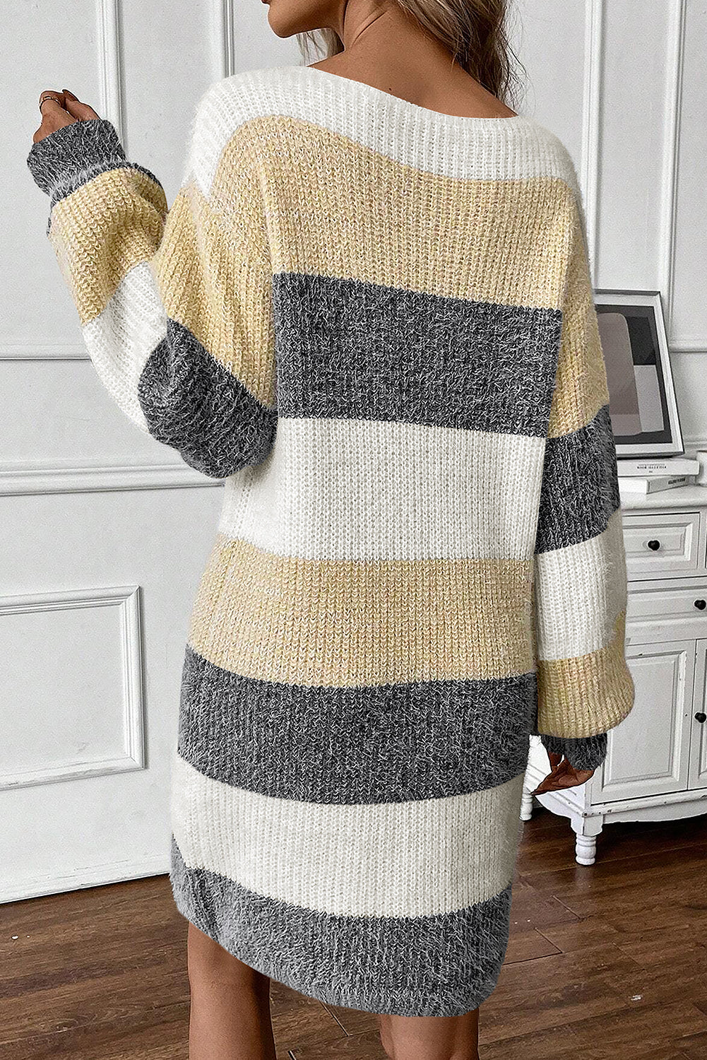 Gray Stripe Colorblock Bubble Sleeve Drop Shoulder Sweater Dress-Chaelisa's New Jammies