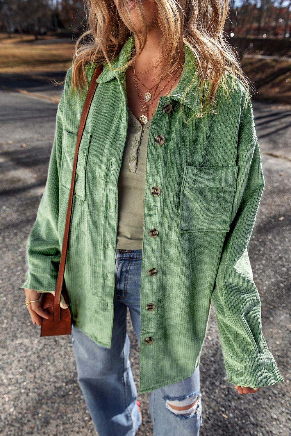 Mist Green Patched Pocket Button Up Corduroy Shacket-Chaelisa's New Jammies