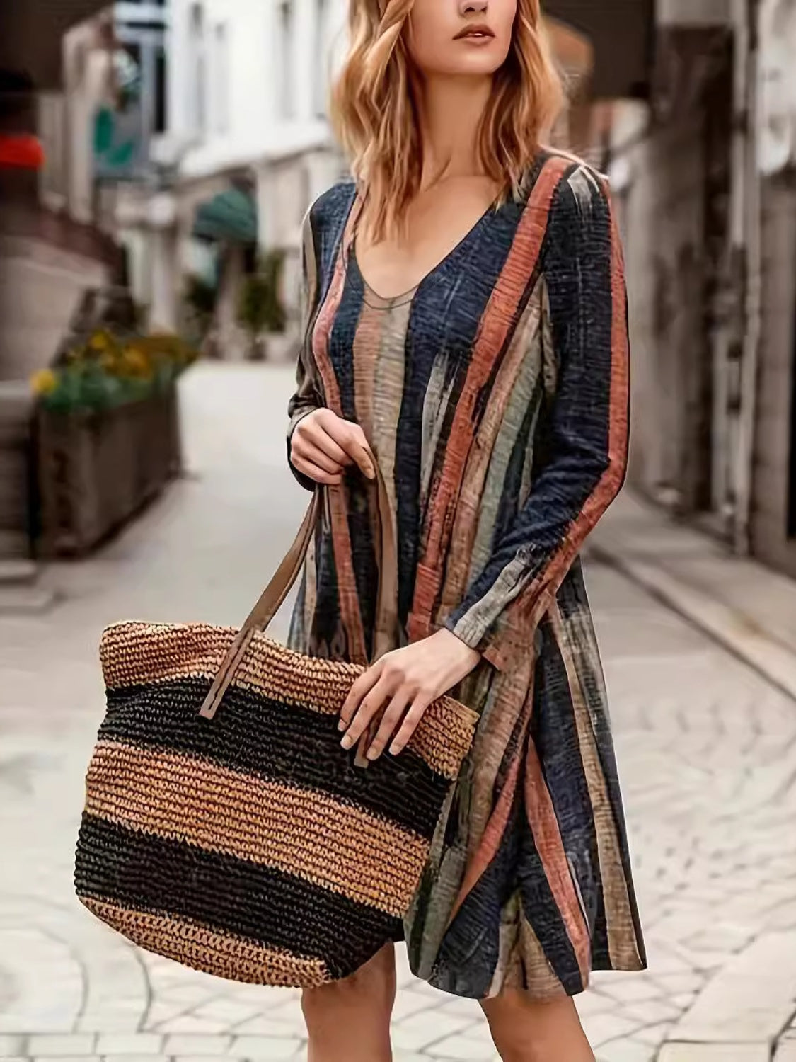 Full Size Contrast Stripes Long Sleeve Mini Dress-Chaelisa's New Jammies