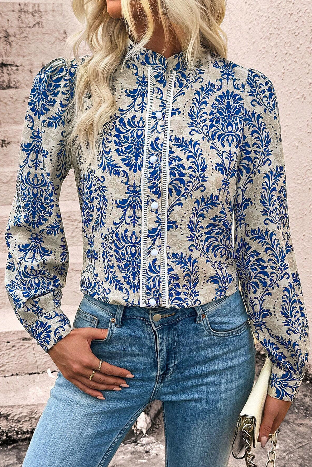 Sky Blue Bohemian Printed Bishop Sleeve Lace Shirt-Chaelisa's New Jammies