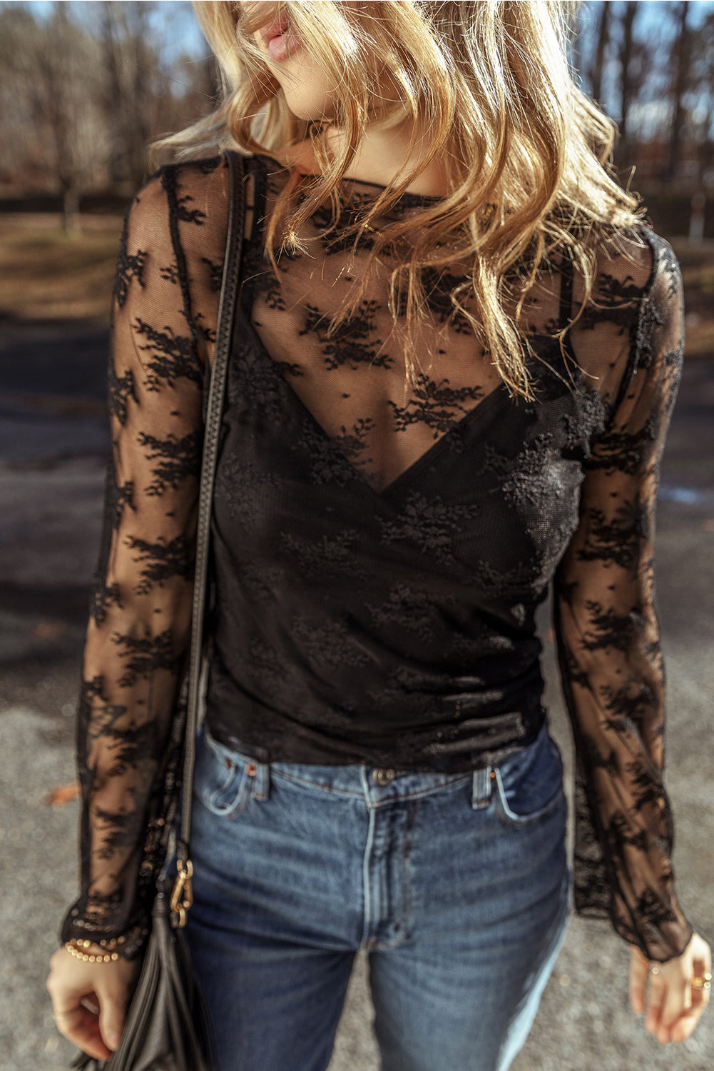 Black Lace Mesh Crochet Splicing Slim Fit Long Sleeve Blouse-Chaelisa's New Jammies