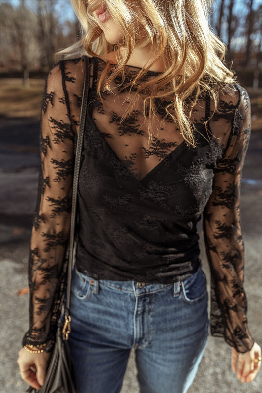 Black Lace Mesh Crochet Splicing Slim Fit Long Sleeve Blouse-Chaelisa's New Jammies