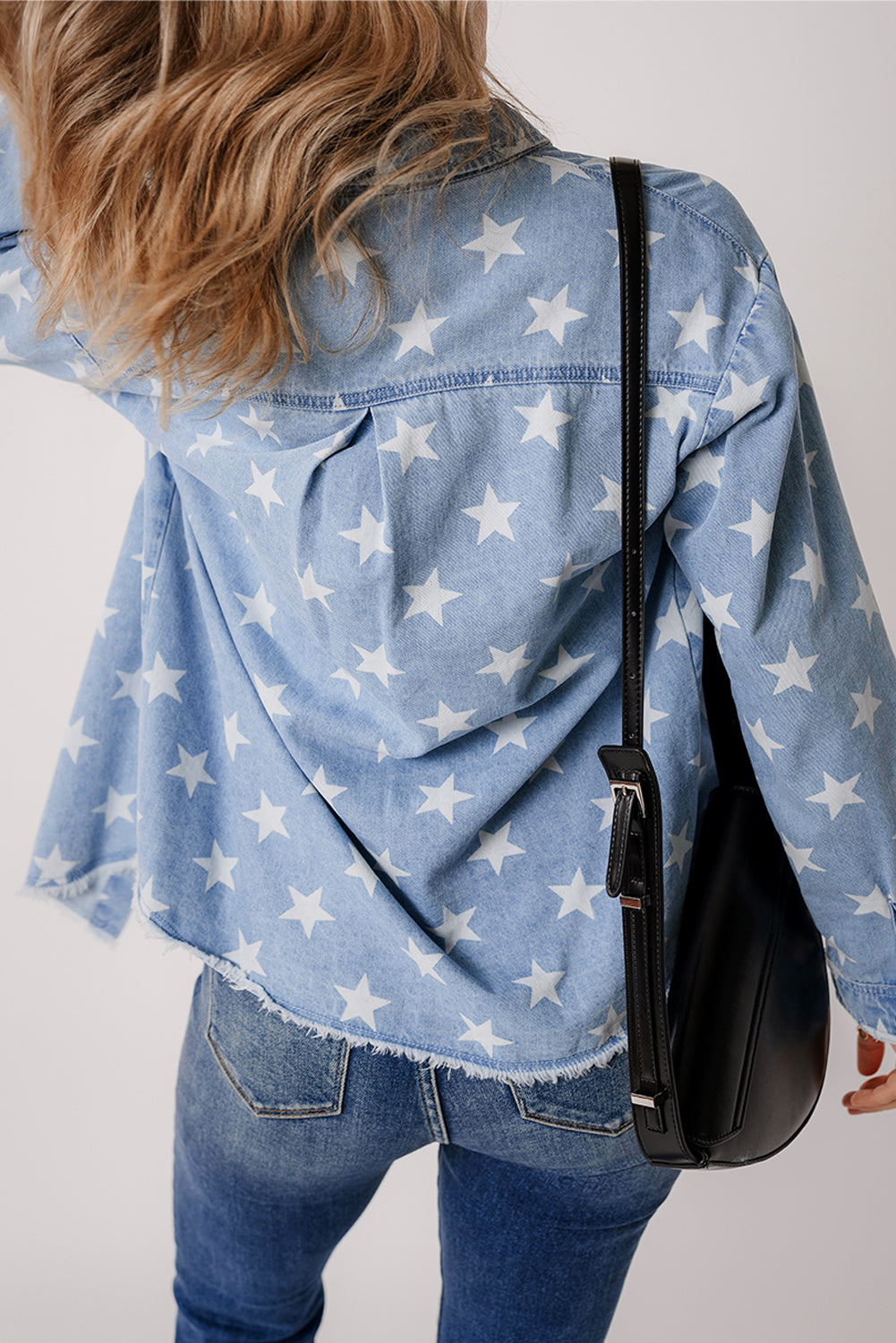 Sky Blue Star Print Light Wash Raw Hem Denim Jacket-Chaelisa's New Jammies