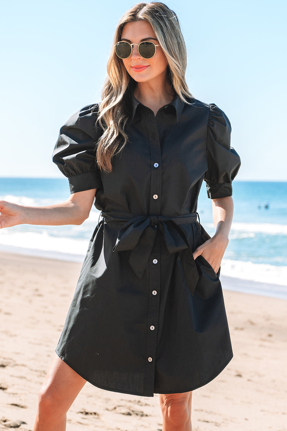 Black Button Up Tie Waist Puff Sleeve Mini Dress-Chaelisa's New Jammies