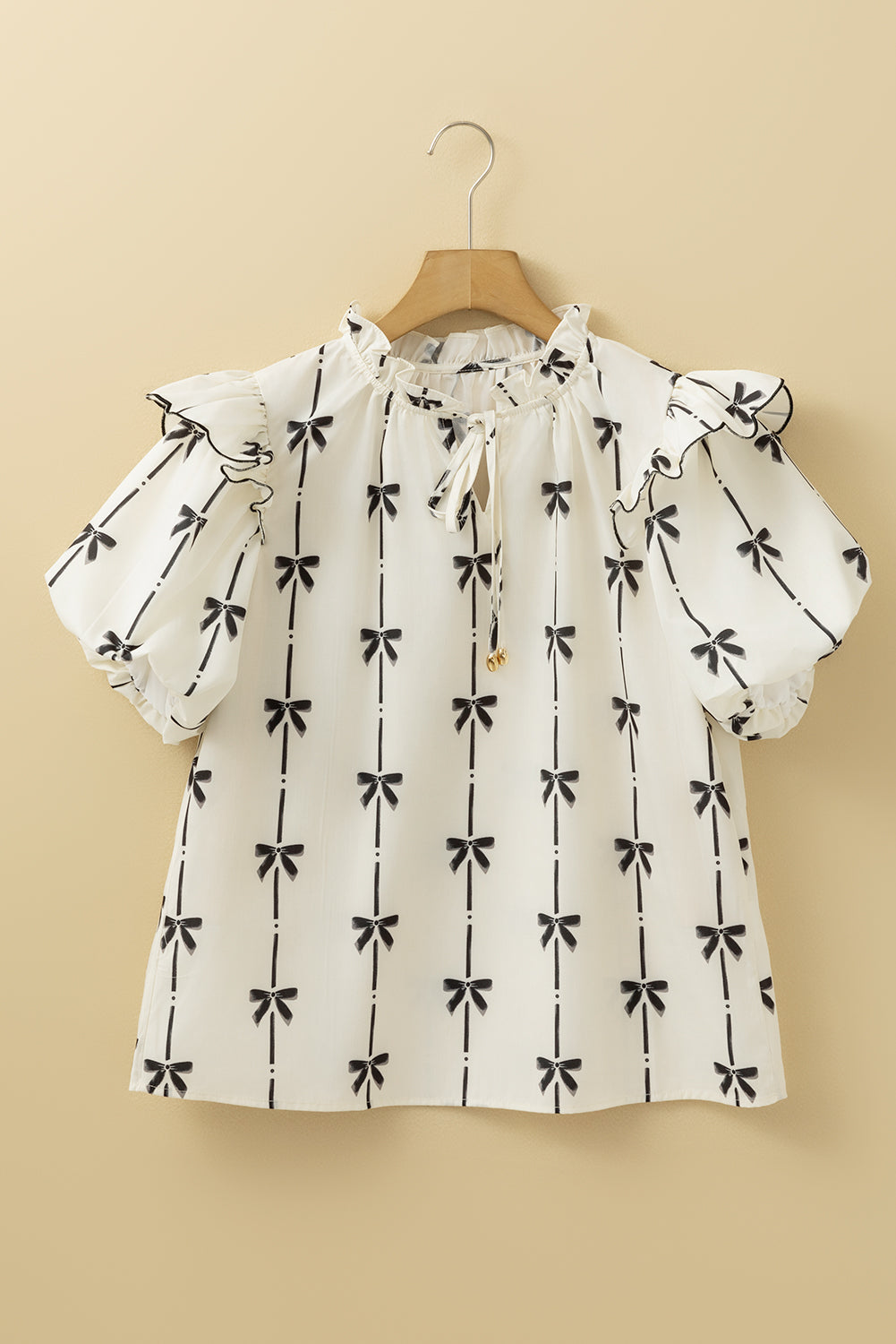 Beige Bow Printed Ruffled Bubble Sleeve Tied Notched V Neck Blouse-Chaelisa's New Jammies