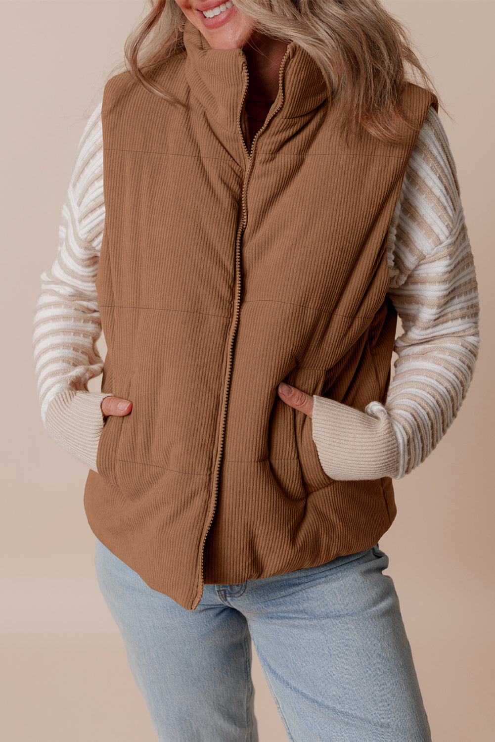 Coffee Corduroy Stand Neck Zipped Puffer Vest-Chaelisa's New Jammies