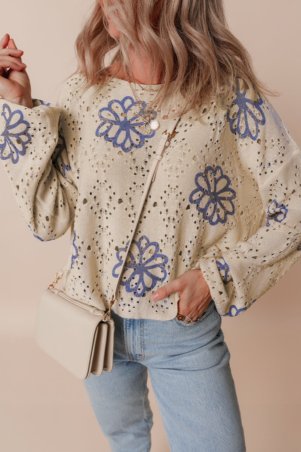 Beige Contrast Flower Print Eyelet Drop Shoulder Sweater-Chaelisa's New Jammies