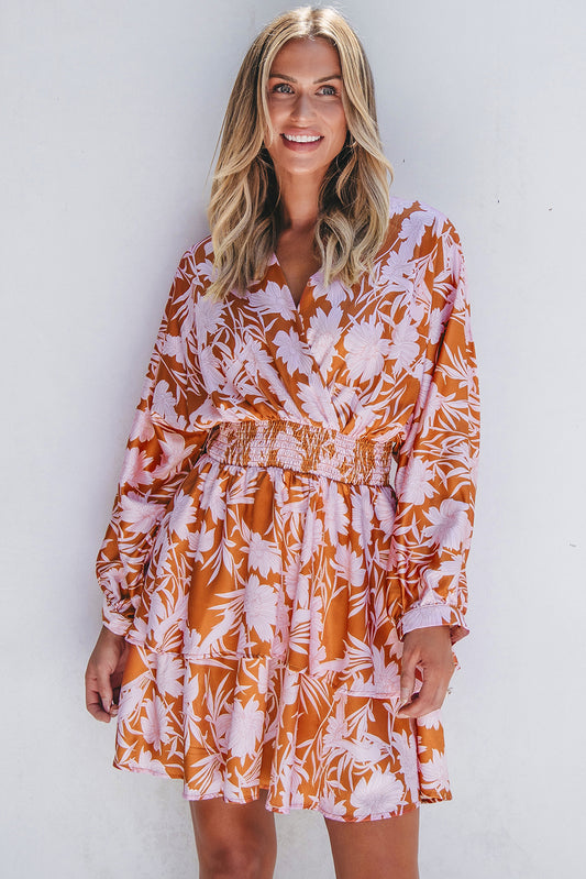 Brown Floral Puff Sleeve Smocked Waist Layered Dress-Chaelisa's New Jammies