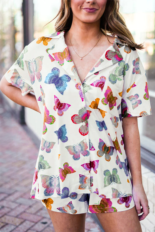 Multicolour Butterfly Pattern Short Sleeve Shirt Pajamas Set-Chaelisa's New Jammies