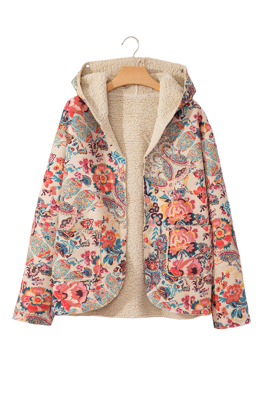 Beige Vintage Paisley Floral Printed Sherpa Lined Hooded Jacket-Chaelisa's New Jammies