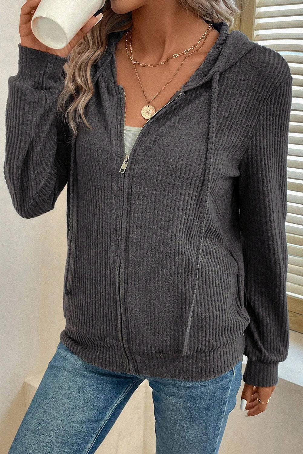Dark Grey Ribbed Zip Up Front Drawstring Hoodie-Chaelisa's New Jammies