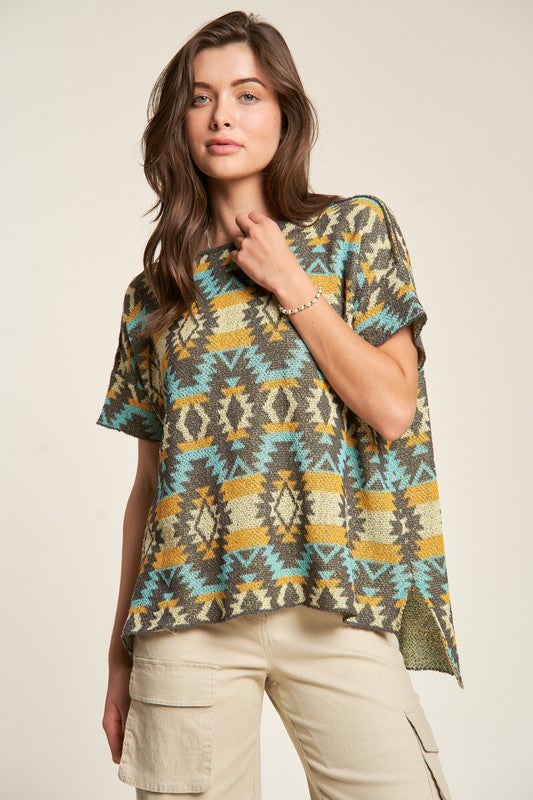 Davi & Dani High-Low Geometric Round Neck Knit Top-Chaelisa's New Jammies