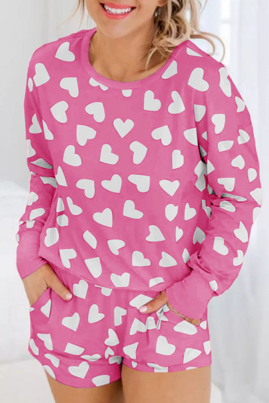 Pink Valentine Heart Shape Print Long Sleeve Top Shorts Lounge Set-Chaelisa's New Jammies