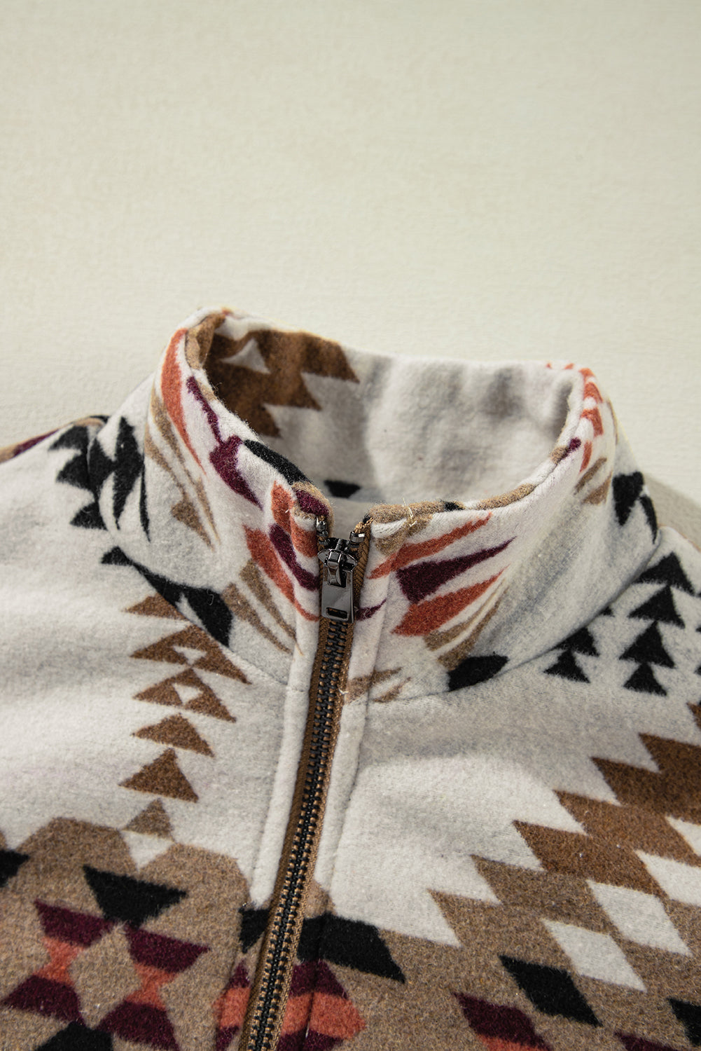 Beige Aztec Printed Stand Neck Zip Up Jacket-Chaelisa's New Jammies