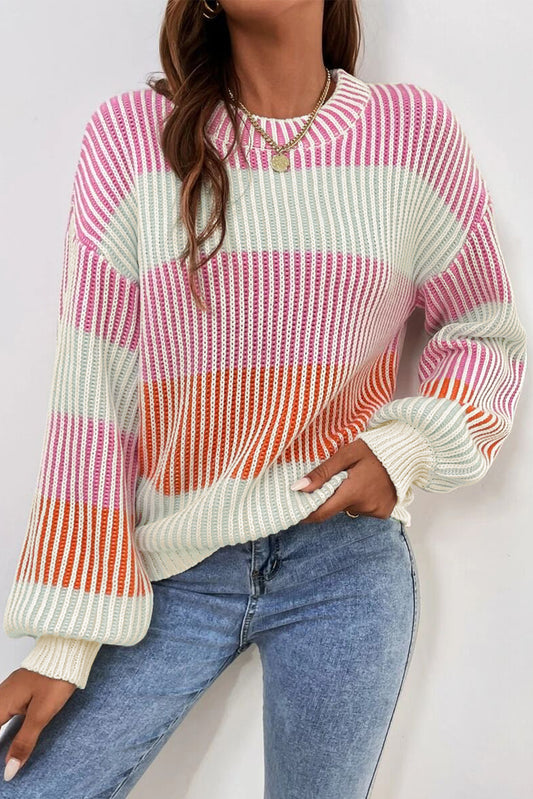 Pink Colorblock Textured Knit Bubble Sleeve Sweater-Chaelisa's New Jammies