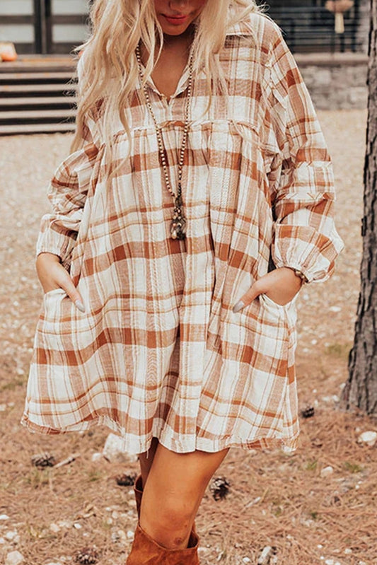 Brown Plaid Print Side Pockets Frilled Babydoll Mini Dress-Chaelisa's New Jammies