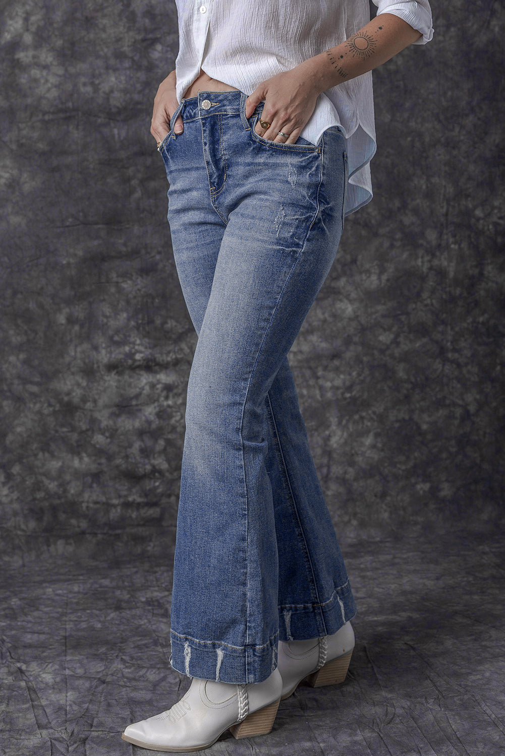 Sky Blue Slight Distressed Medium Wash Flare Jeans-Chaelisa's New Jammies