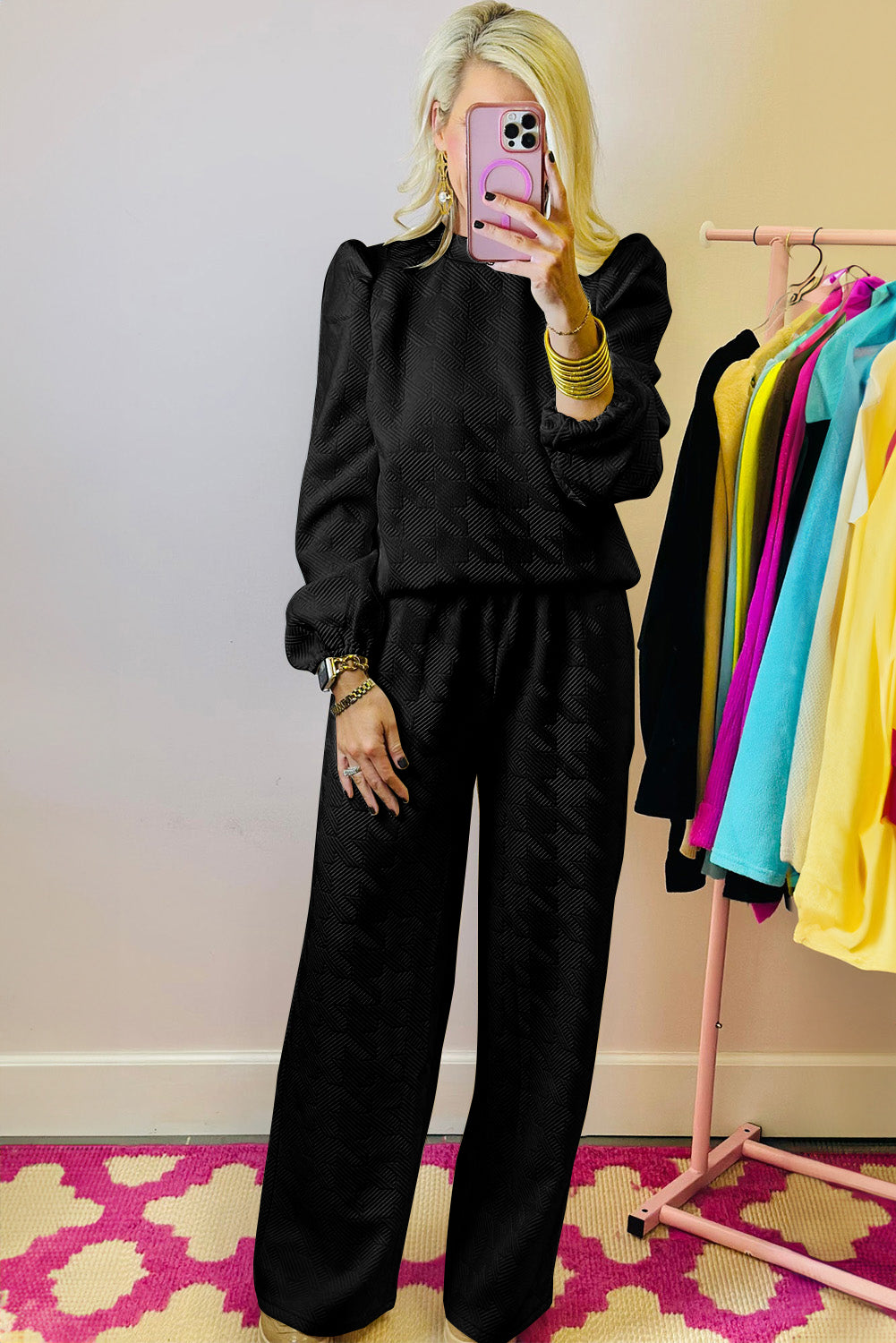Black Textured Puff Sleeve Top and Pants Set-Chaelisa's New Jammies