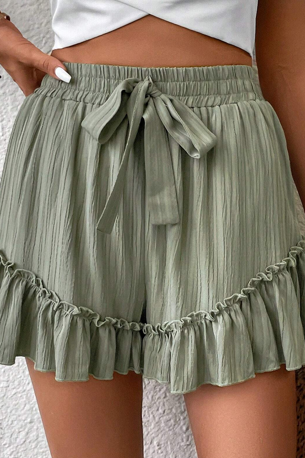 Laurel Green Textured Tie Waist Ruffle Hem Shorts-Chaelisa's New Jammies