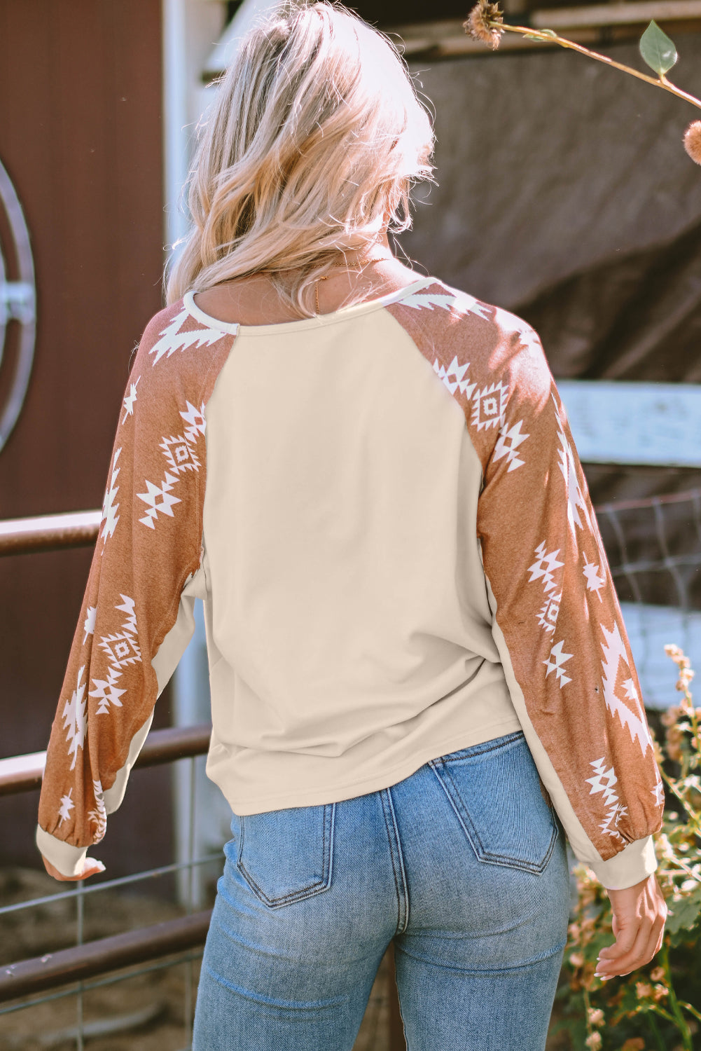 Apricot Western Print Patch Long Sleeve Top-Chaelisa's New Jammies