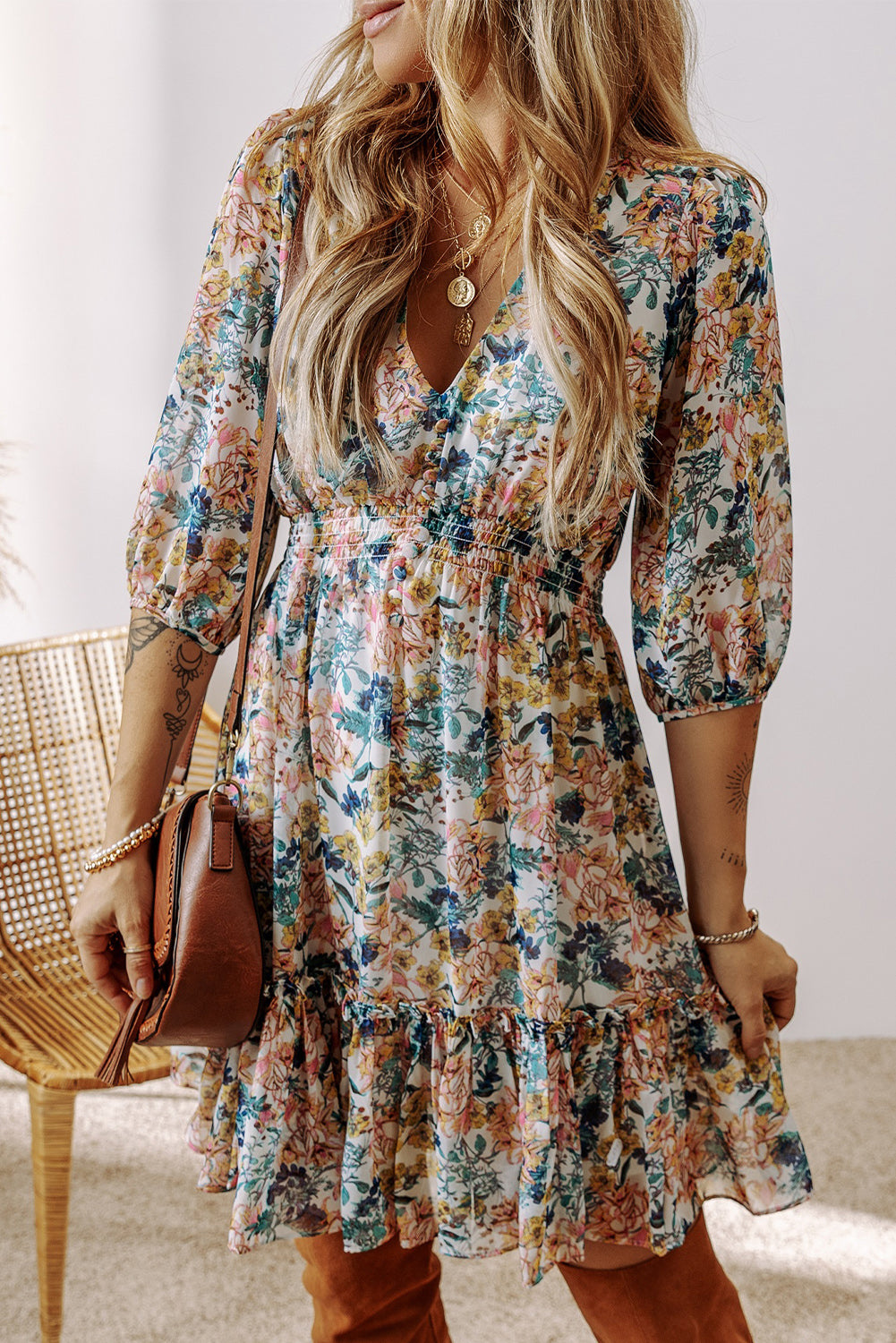 Sky Blue Floral 3/4 Sleeve V Neck High Waist Ruffled Dress-Chaelisa's New Jammies