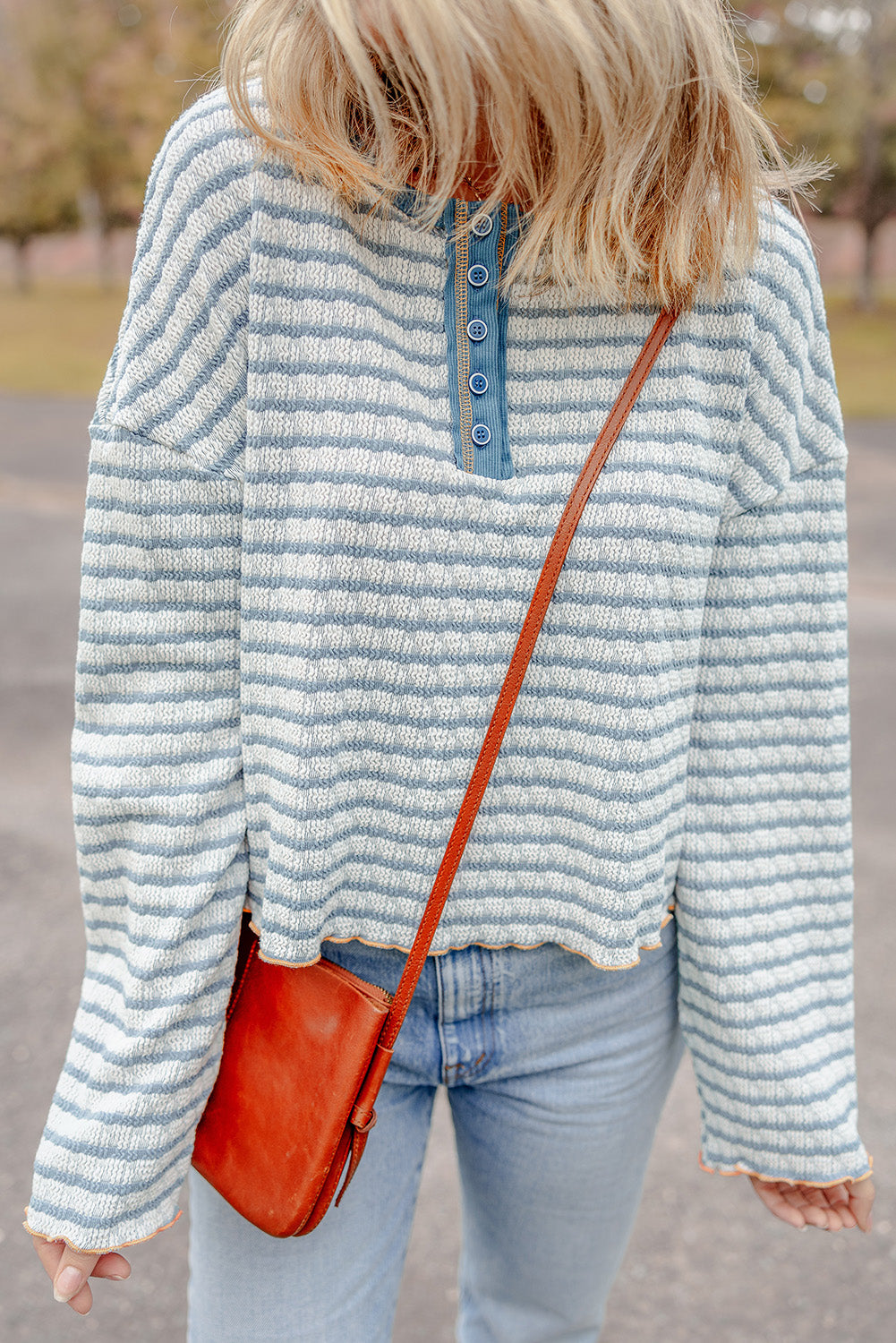 Sky Blue Stripe Textured Frilly Trim Buttons Henley Long Sleeve Top-Chaelisa's New Jammies