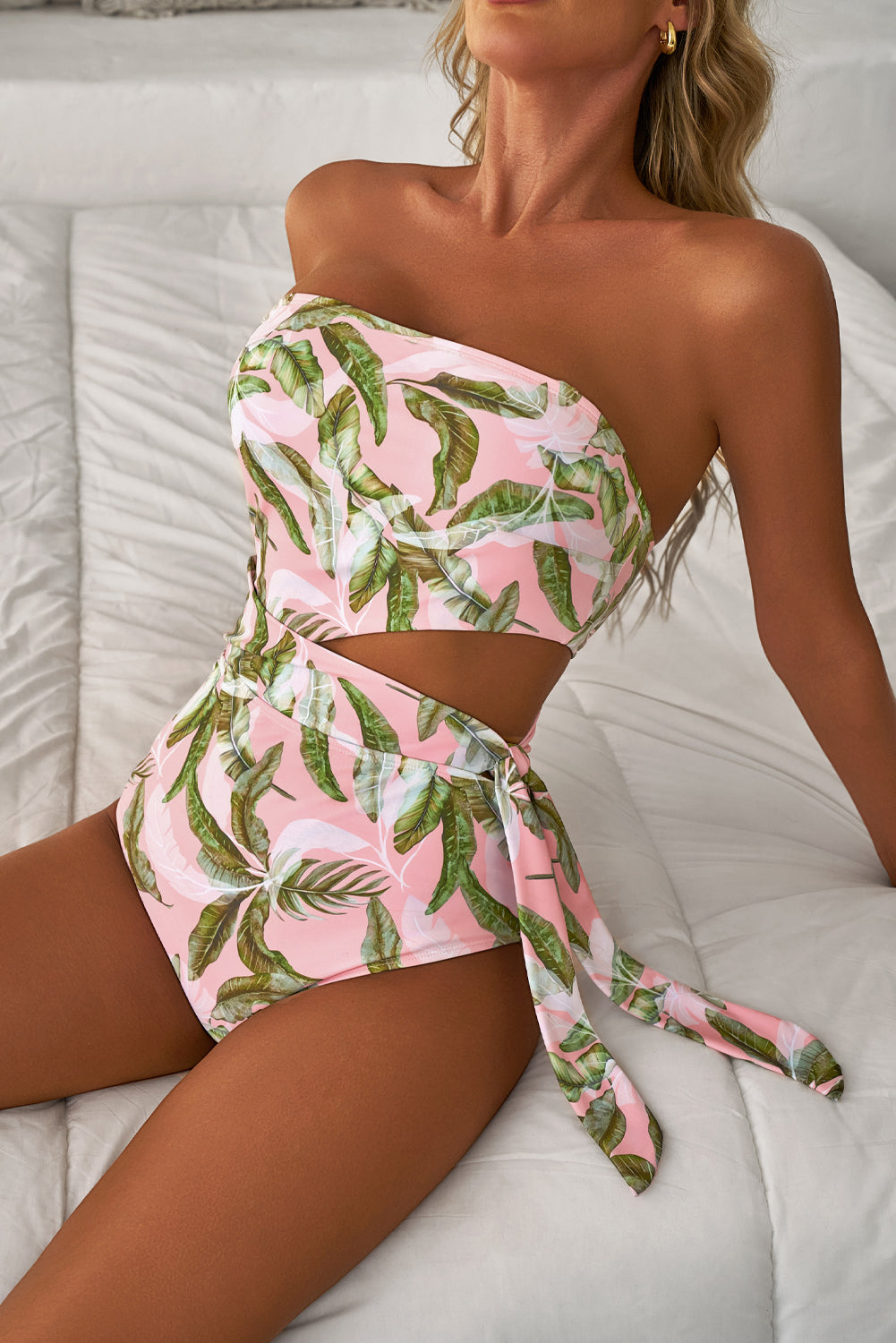 Pink Tropical Asymmetric Cut out Halter Backless One Piece Swimwear-Chaelisa's New Jammies