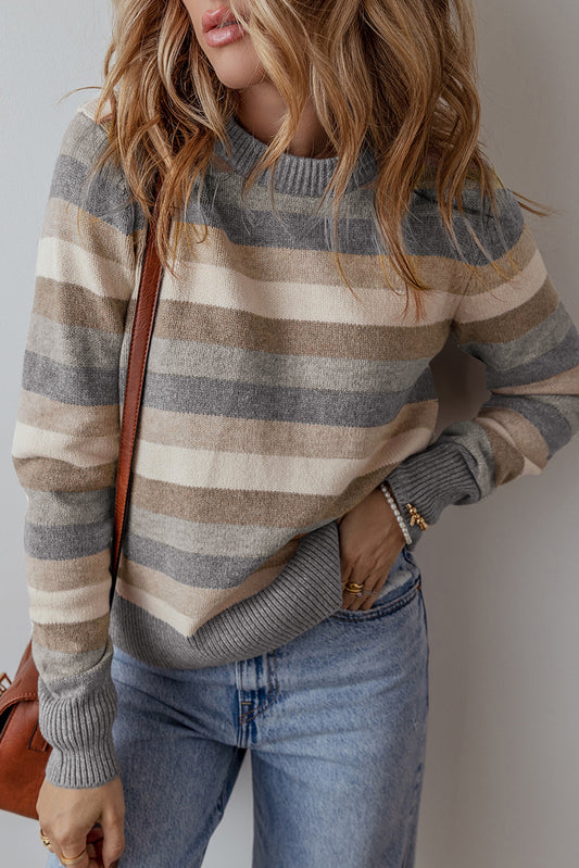 Gray Stripe Color Block Ribbed Edge Round Neck Sweater-Chaelisa's New Jammies