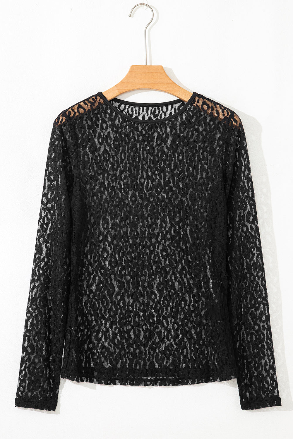 Black Leopard Pattern Sheer Mesh Long Sleeve Top
