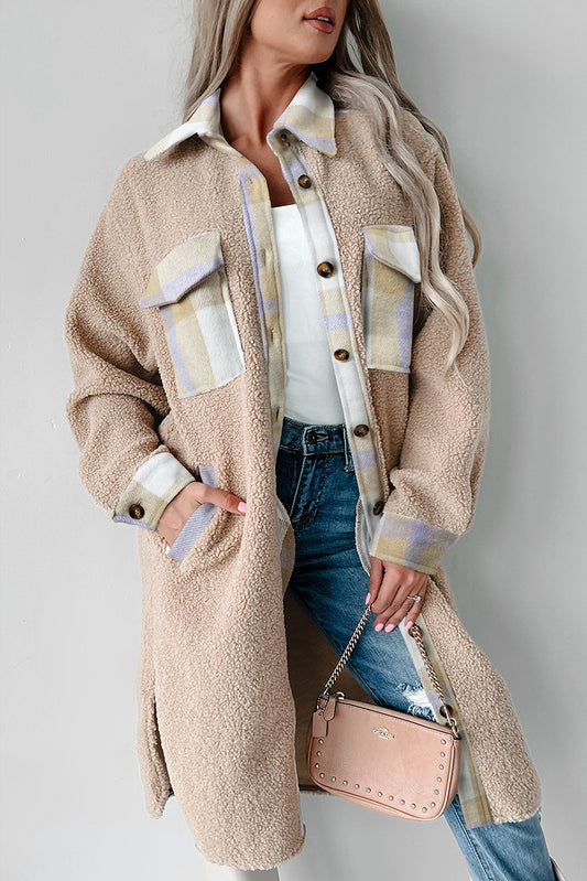 Smoke Gray Plaid Patchwork Collared Button-up Sherpa Long Coat-Chaelisa's New Jammies