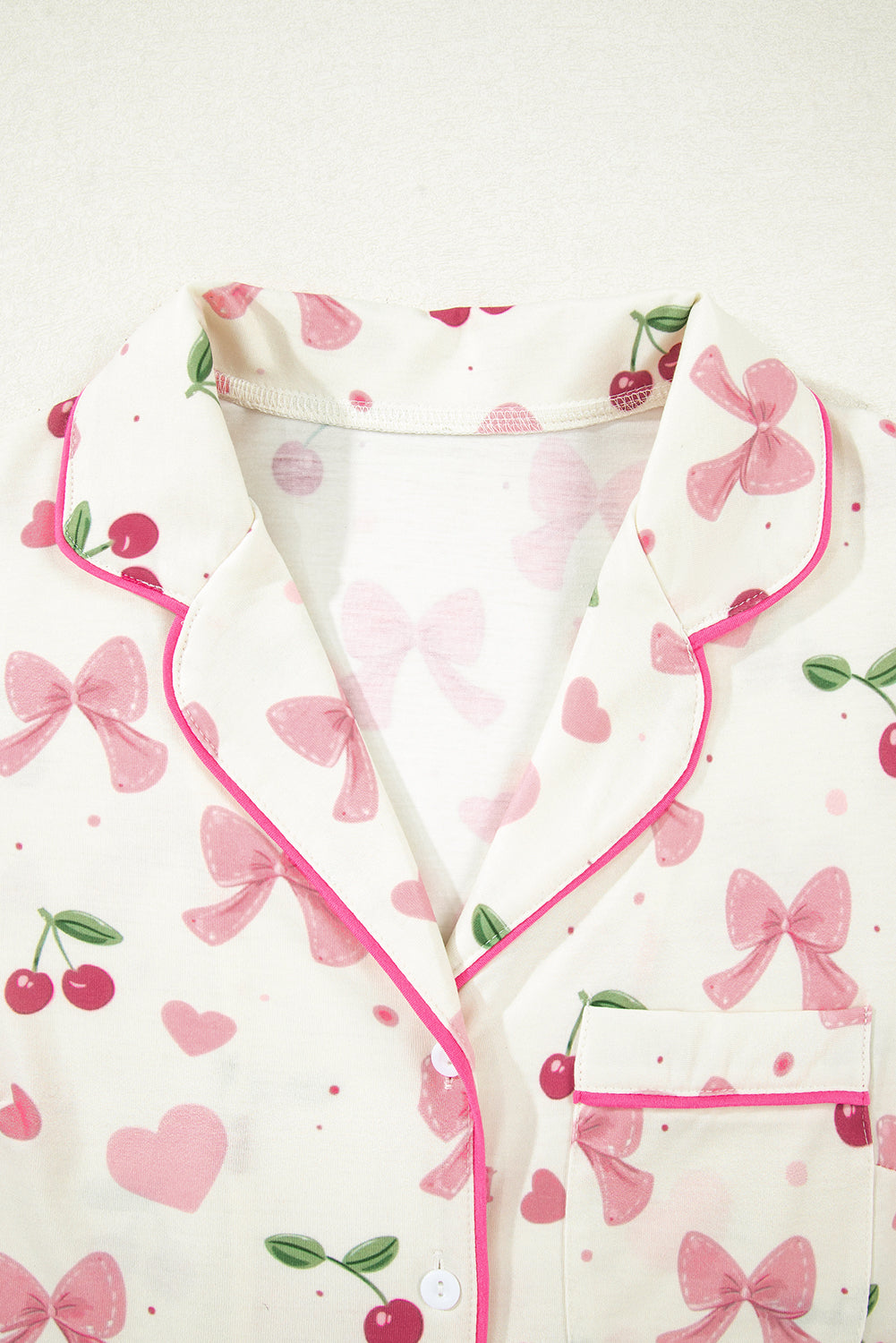 Beige Bow Fruit Print Contrast Pipping Short Pajamas Set-Chaelisa's New Jammies