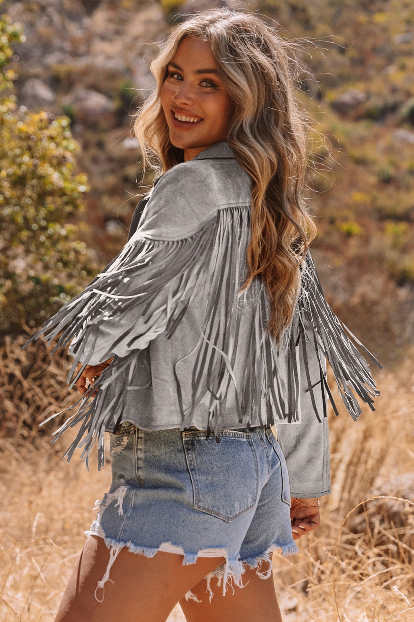 Gray Cropped Fringe Faux Suede Jacket