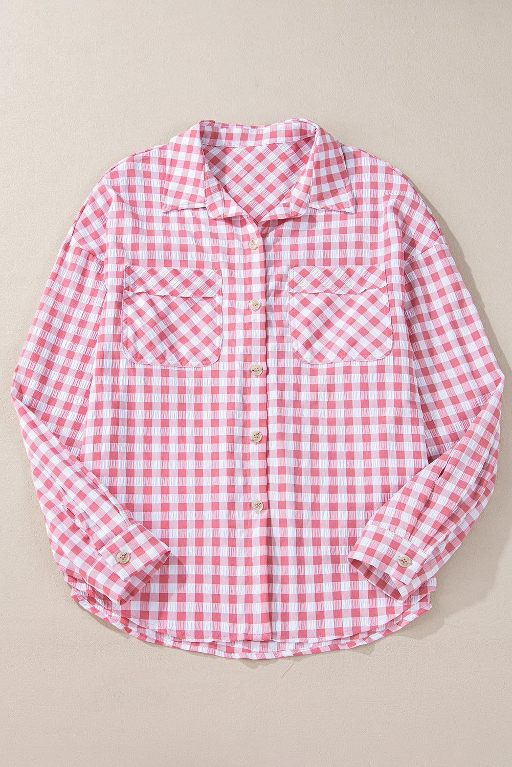 Pink Gingham Print Chest Pockets Buttoned Collared Shirt-Chaelisa's New Jammies
