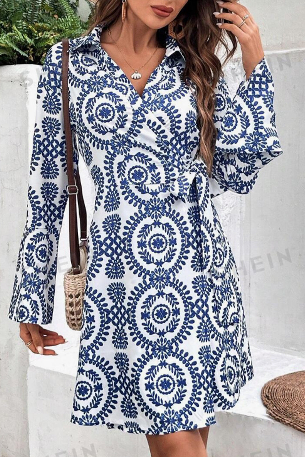 Blue Floral Print V Neck Wrapped Knot Long Sleeve Dress-Chaelisa's New Jammies
