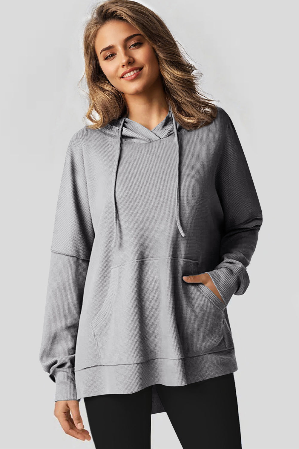 Gray Waffle Knit Fleece Lined High Low Oversized Hoodie-Chaelisa's New Jammies