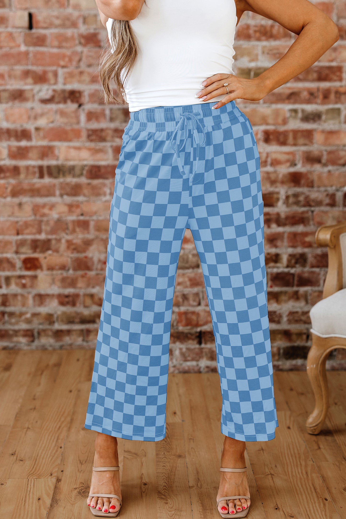 Sky Blue Checkered Elastic High Waist Loose Casual Pants