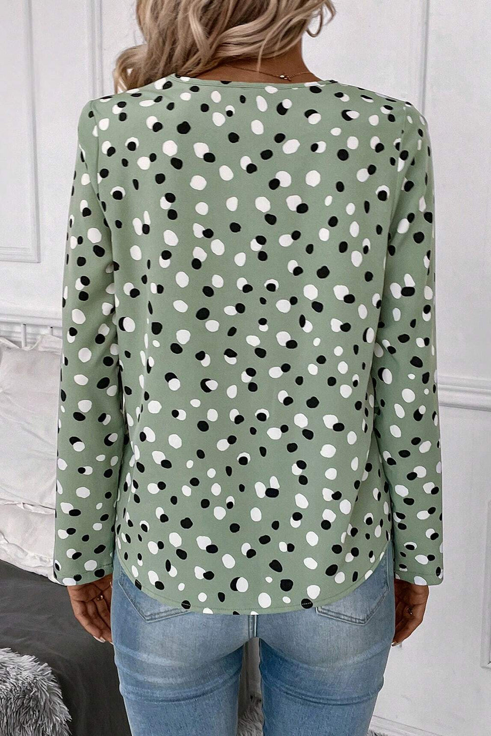 Green Polka Dot Print Button Front V Neck Blouse-Chaelisa's New Jammies