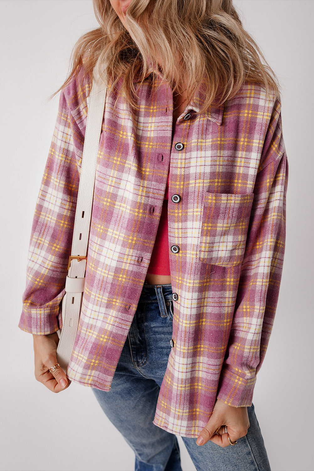 Pink Plaid Print Chest Pocket Long Sleeve Shacket-Chaelisa's New Jammies