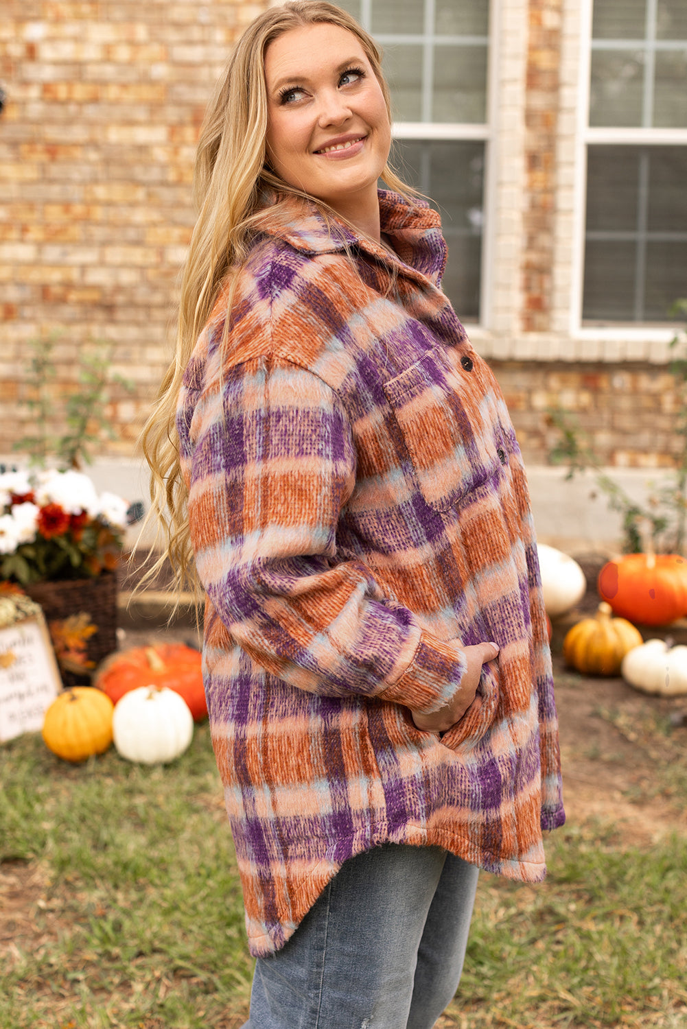 Multicolour Plus Size Plaid Print Collared Button up Jacket-Chaelisa's New Jammies
