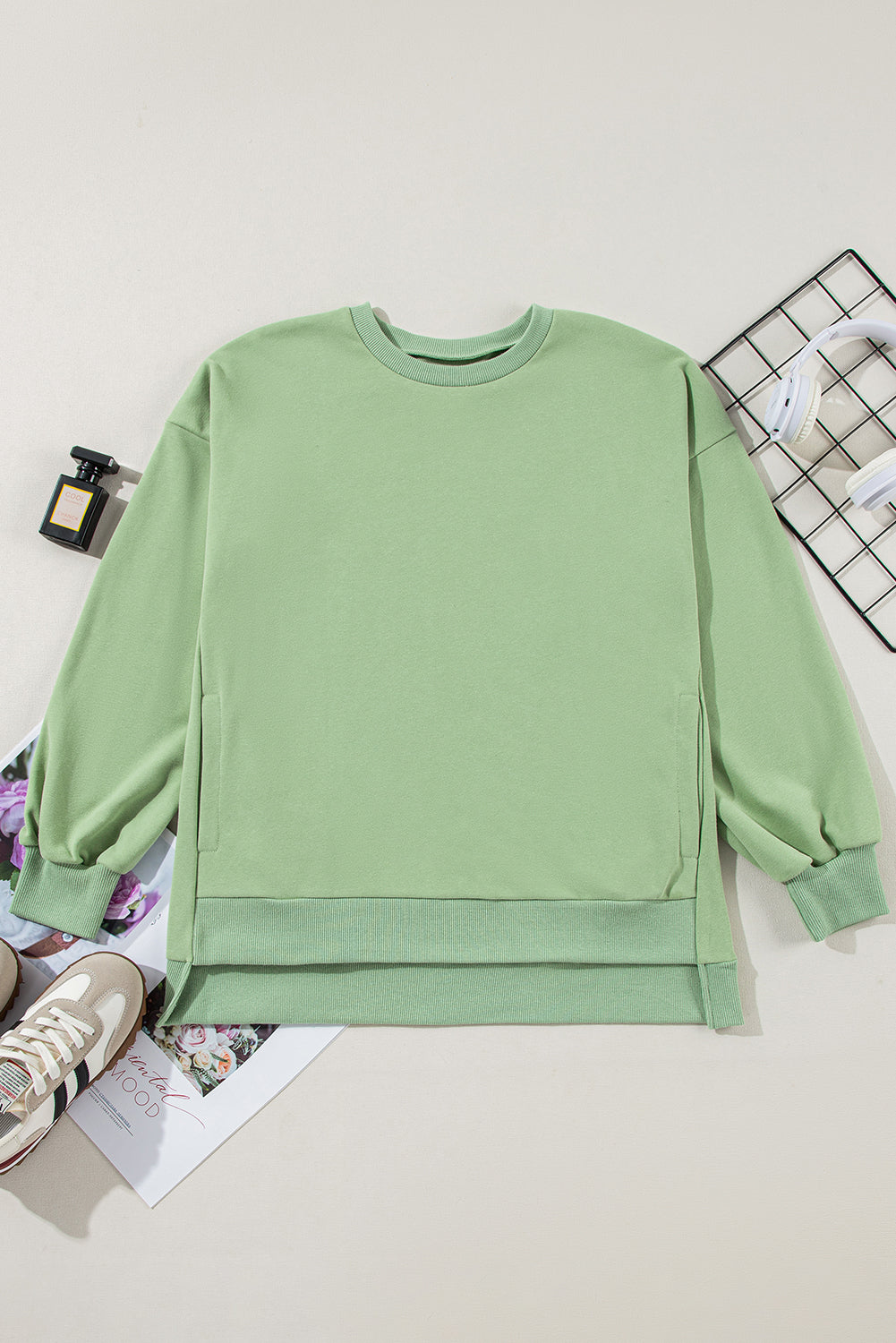 Grass Green Solid Fleece Lined Drop Shoulder High Low Sweatshirt-Chaelisa's New Jammies